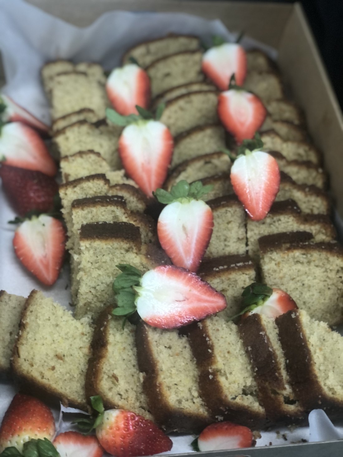 Sliced strawberry pound cake.
